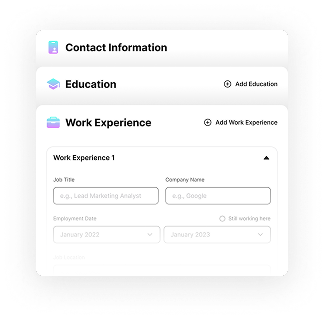 Step-by-step resume builder tool guiding users to write professional resumes.