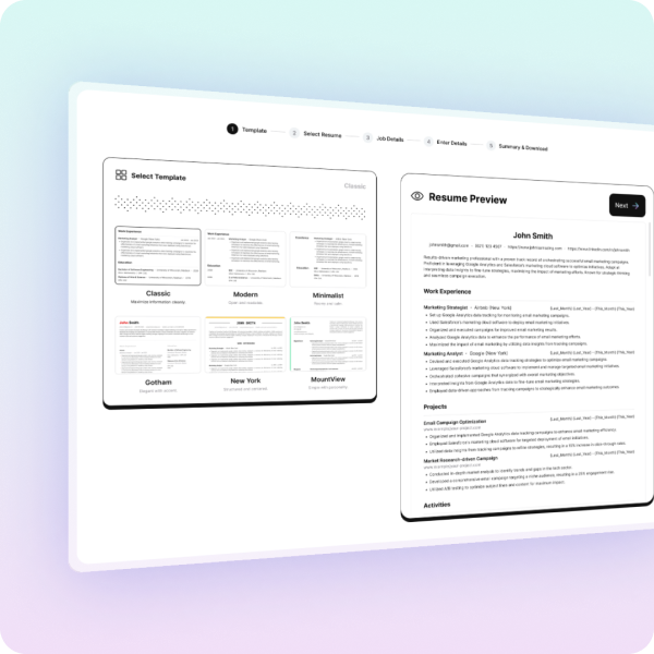 AI resume builder preview showcasing customizable templates and resume formatting